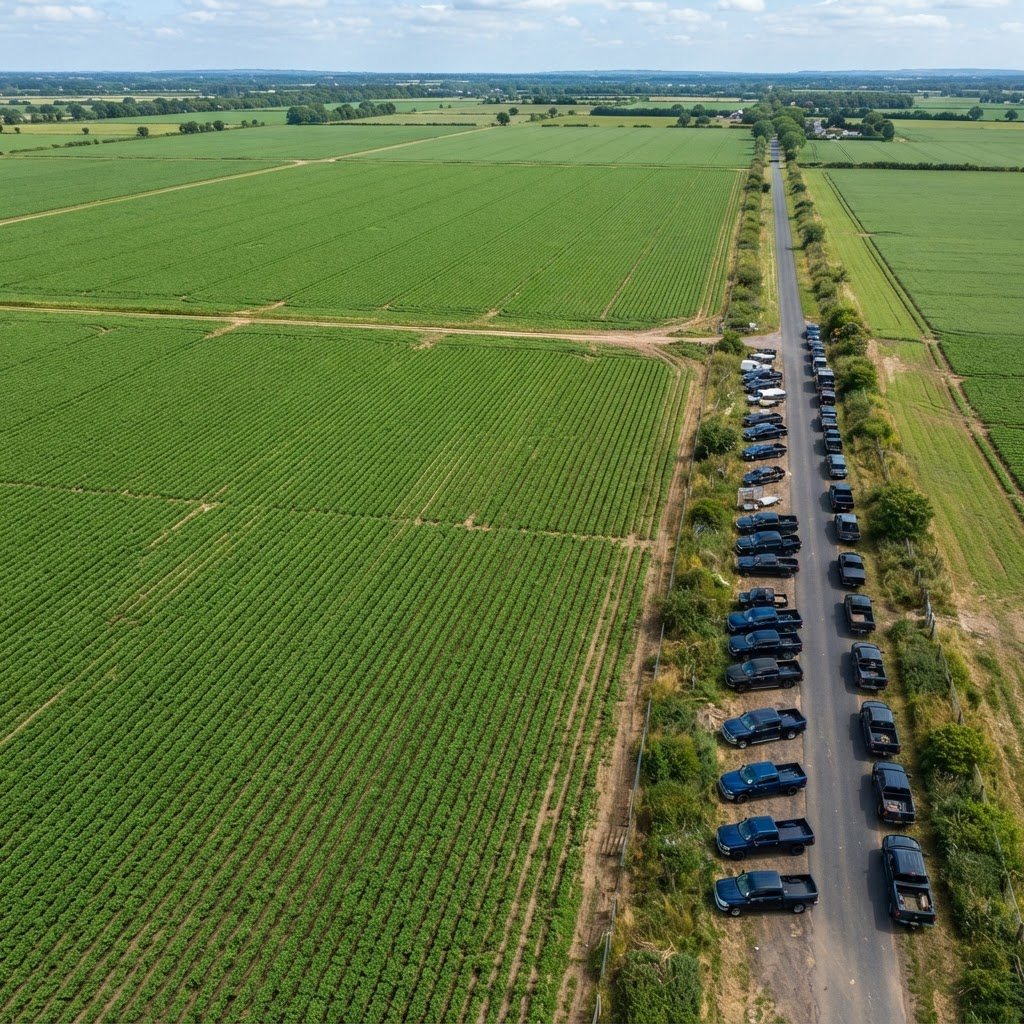 Aerial view of green fields beside a road lined with parked trucks