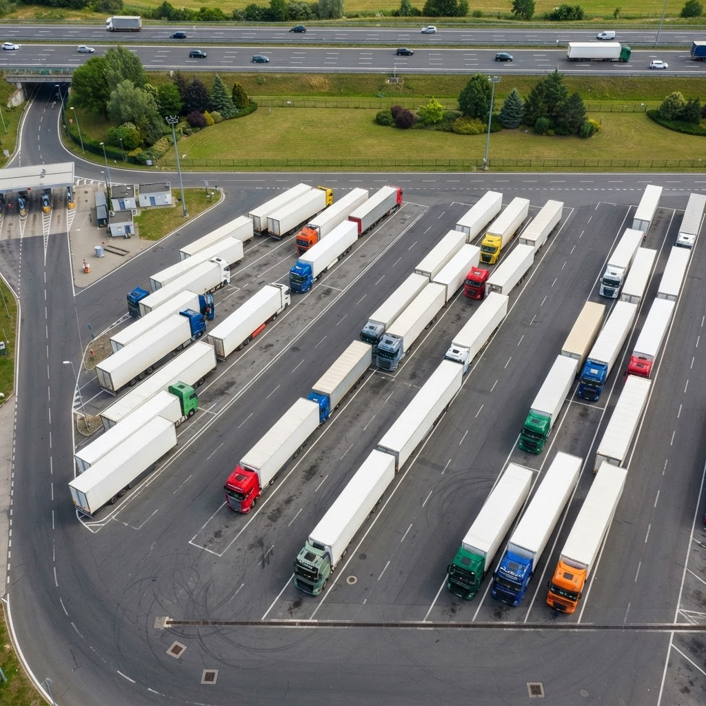 Trucks parked at a European transport terminal